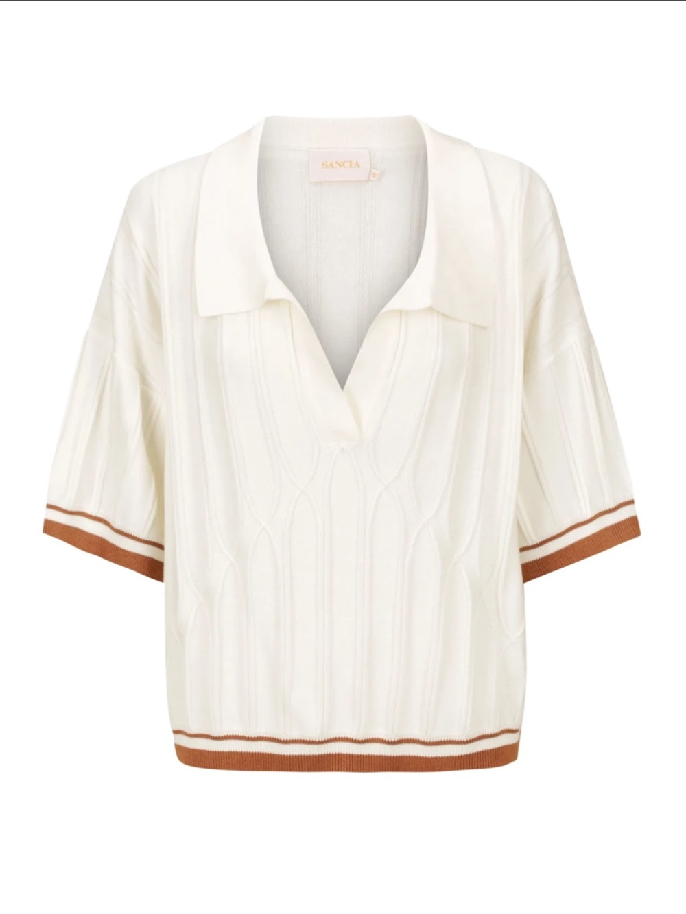 Sancia Nellie Cream Short-Sleeve Knit Polo with Brown Trim